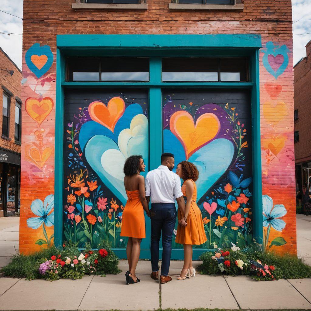A vibrant street scene in Detroit, showcasing diverse couples celebrating love, surrounded by colorful murals and community art. Include elements like hearts and flowers, local small businesses, and joyous gatherings of people of different backgrounds connecting and sharing. The architecture should reflect Detroit’s unique style with historical buildings, while emphasizing a sense of unity and warmth. super-realistic. vibrant colors. 3D.