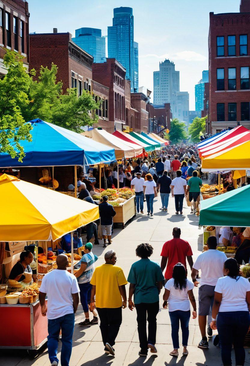 A vibrant street scene showcasing a diverse group of people engaged in a festive local gathering in Motor City. Incorporate colorful food stalls, dynamic musicians, and families enjoying outdoor activities. Capture iconic Detroit architecture in the background, with warm sunlight illuminating smiling faces, laughter, and community spirit. The atmosphere should feel welcoming and lively, representing unity in diversity. super-realistic. vibrant colors. 3D.