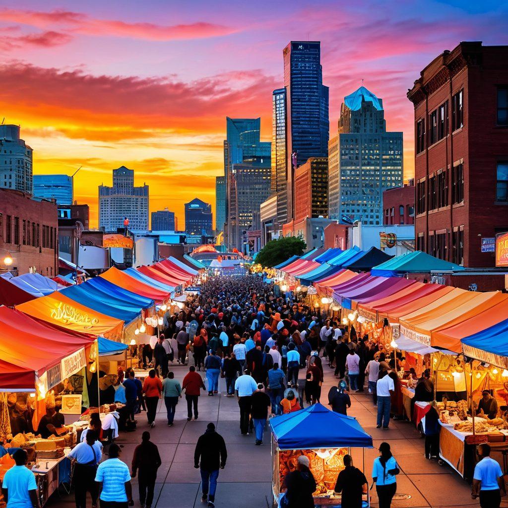 A vibrant scene showcasing Detroit's cultural diversity, with people of various backgrounds celebrating love at a lively street festival. Colorful banners and art installations representing local artists adorn the streets, while food stalls offer delicious cuisine. The iconic Detroit skyline is visible in the background, bathed in warm sunset hues. Super-realistic. Vibrant colors. 3D.
